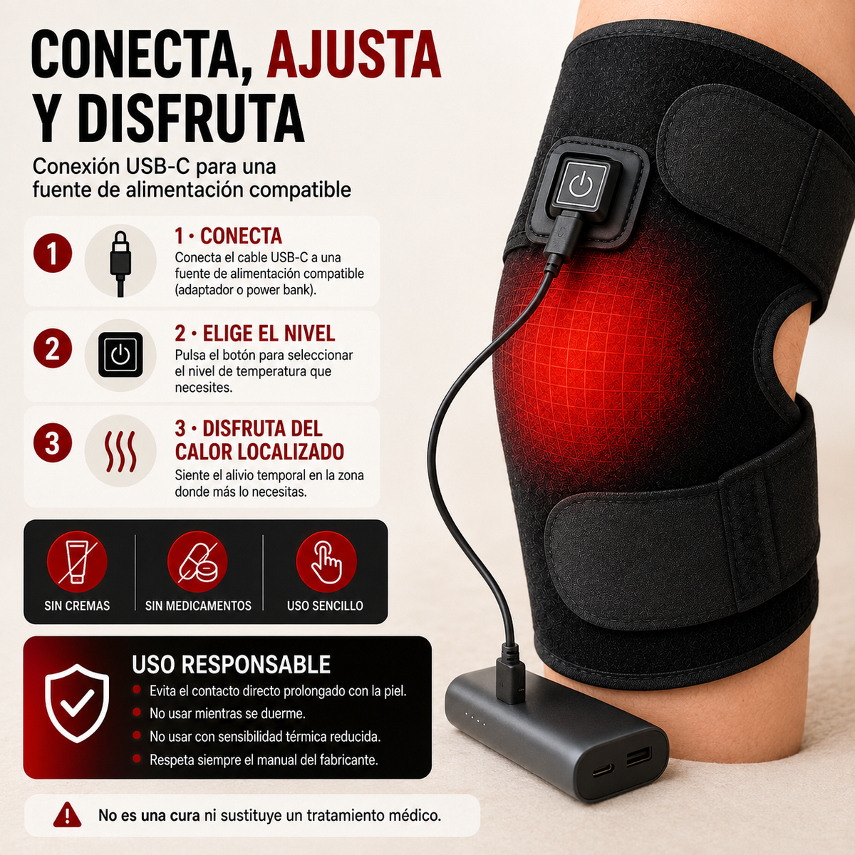 Almohadilla térmica negra colocada en la rodilla y conectada por USB-C a una batería externa