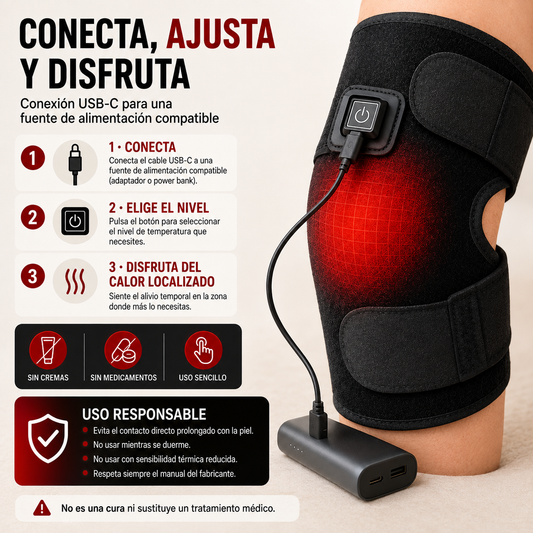 Almohadilla térmica negra colocada en la rodilla y conectada por USB-C a una batería externa