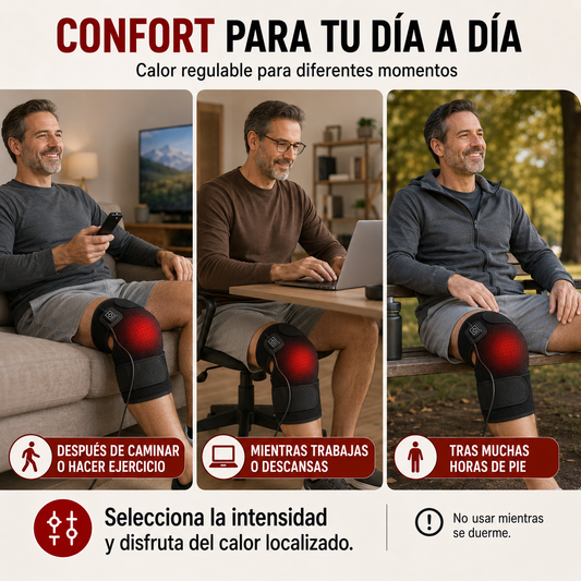 Hombre utilizando la almohadilla térmica para rodilla mientras descansa, trabaja y se relaja al aire libre