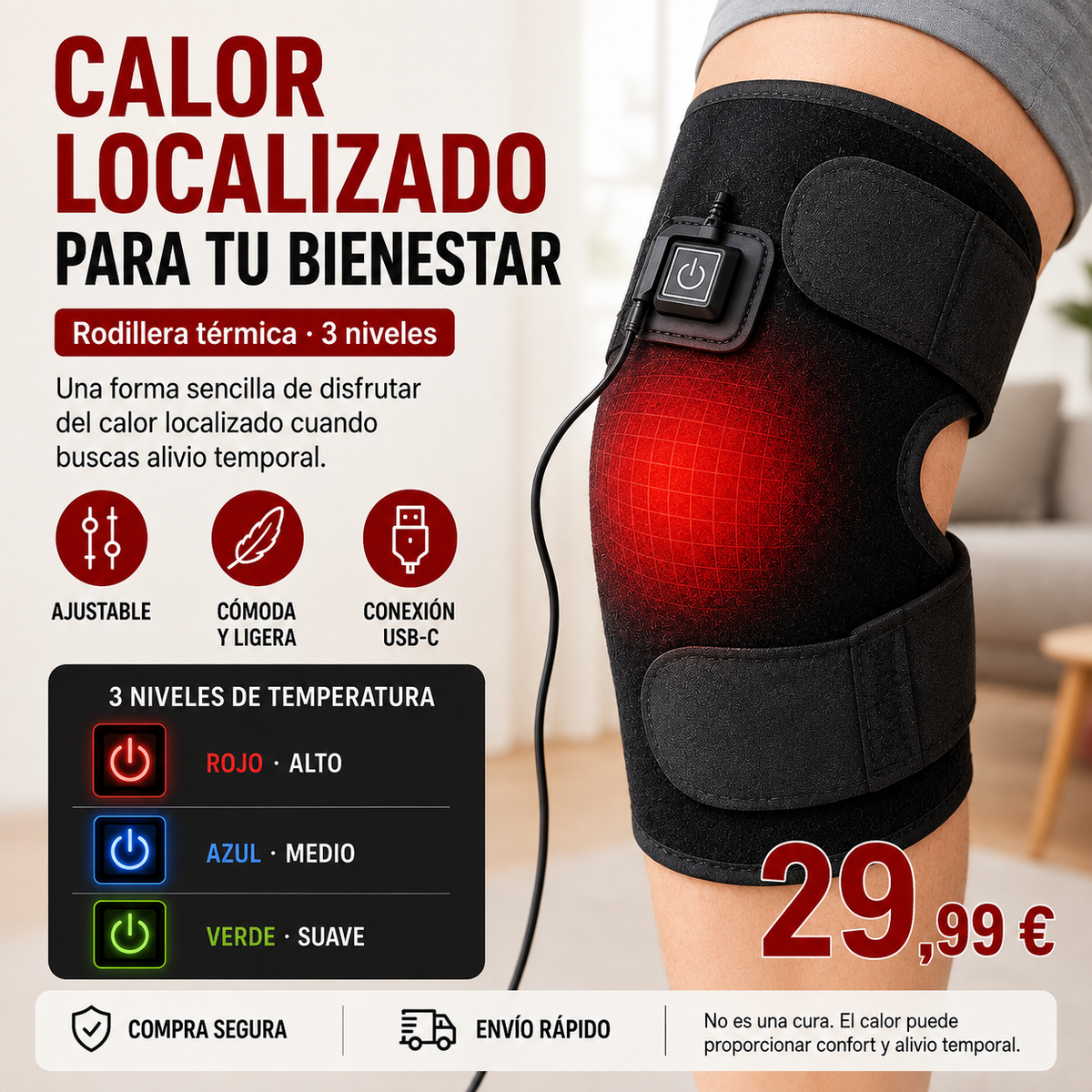 Almohadilla térmica ajustable para rodilla con conexión USB-C y tres niveles de temperatura