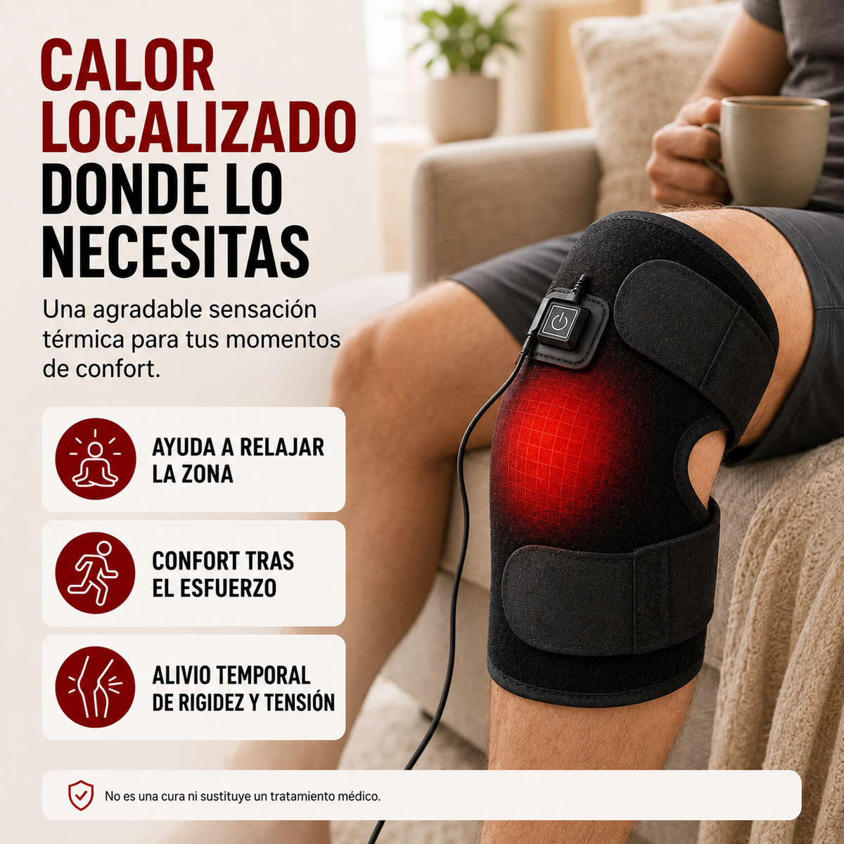 Hombre descansando en el sofá con una almohadilla térmica ajustable colocada sobre la rodilla