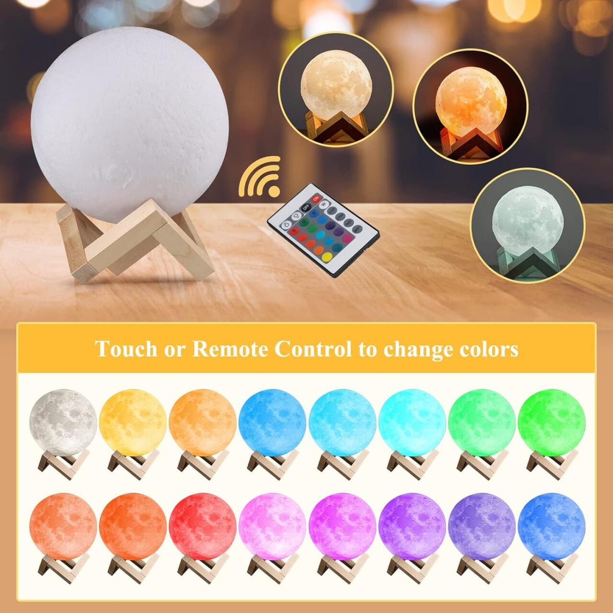 Lámpara Luna 16 Colores Mando Distancia